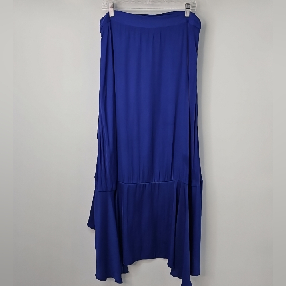 Anthropologie Elegant Blue Silky Wrap‎ Skirt Asymmetrical Ruffle Hem Peasant - Picture 14 of 16